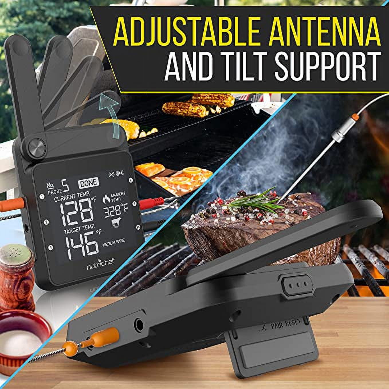 NutriChef Wi-Fi Grill Meat Thermometer Wireless Dual Smart Probes, Alarm Indoor from Outdoor, Black