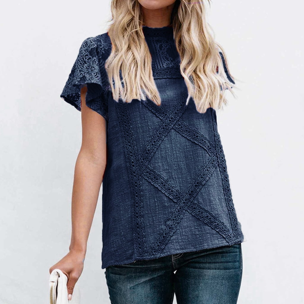 ZXZY Women Cute Lace Blouse Top Short Sleeve Lace Hollow Out Turtle Neck T Shirt 