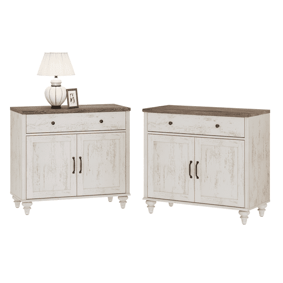 Set of 2 End Tables with Drawers, Mid-Century Modern Wooden Closet Storage Organizer, Suitable for Placing Items in the Living Room or Bedroom， Rustic White