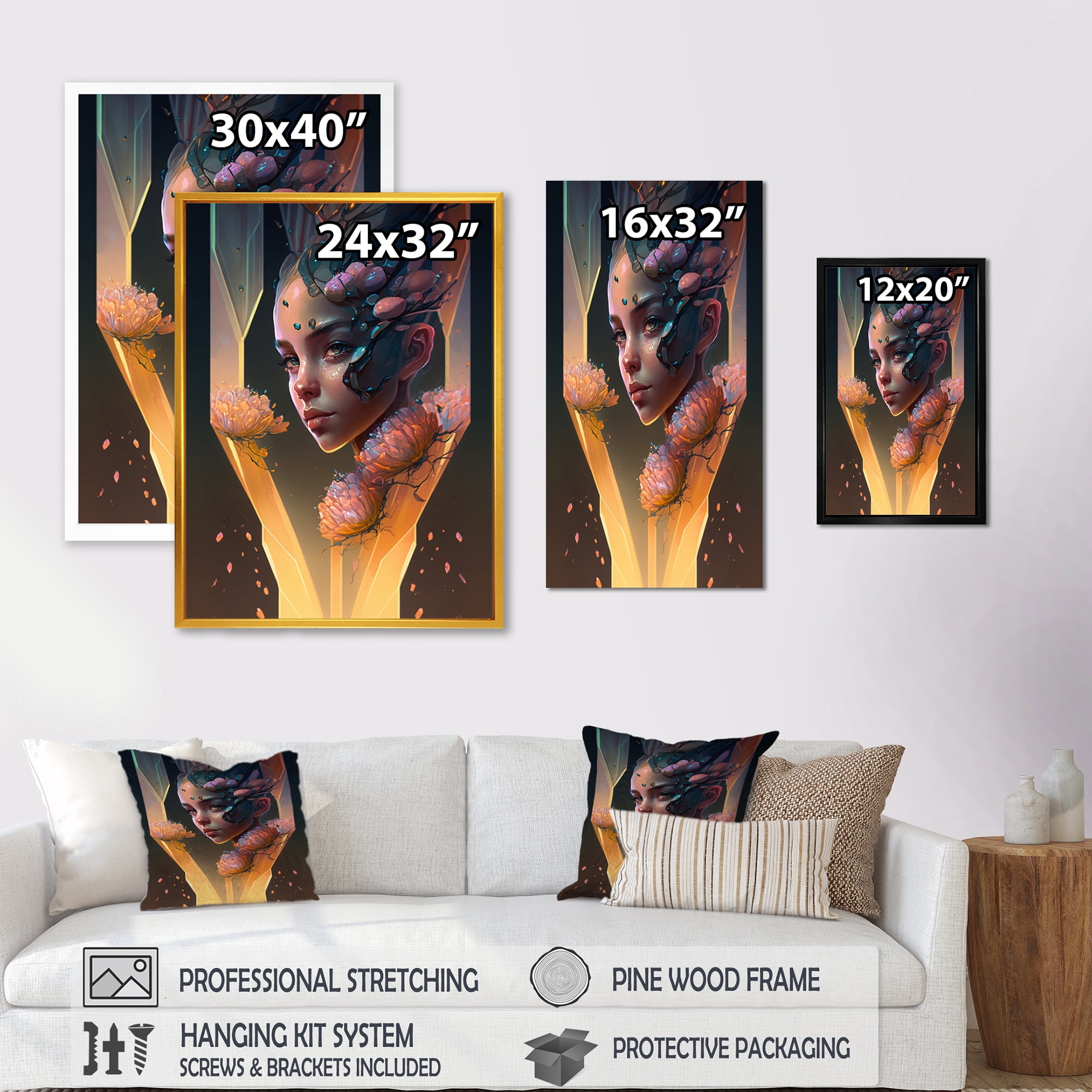 Designart Woman Portrait With Flowers II Canvas Wall Art