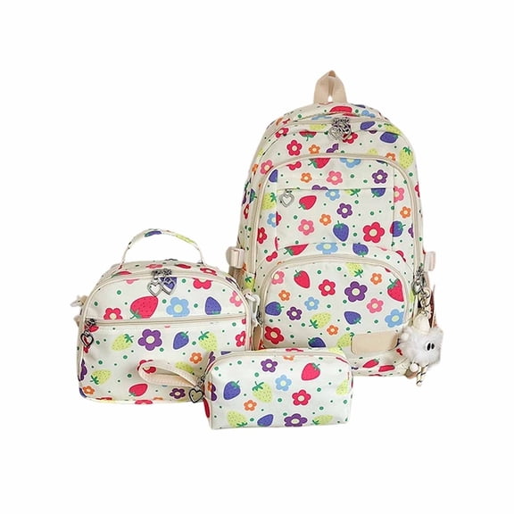 Lusa 3PCS Flower Print Backpack Set Students Large Capacity Double Shoulder Schoolbag with Lunch Tote and Pencil Bag Fashion Colorful Versatile Daily and Travel Daypack White One Size