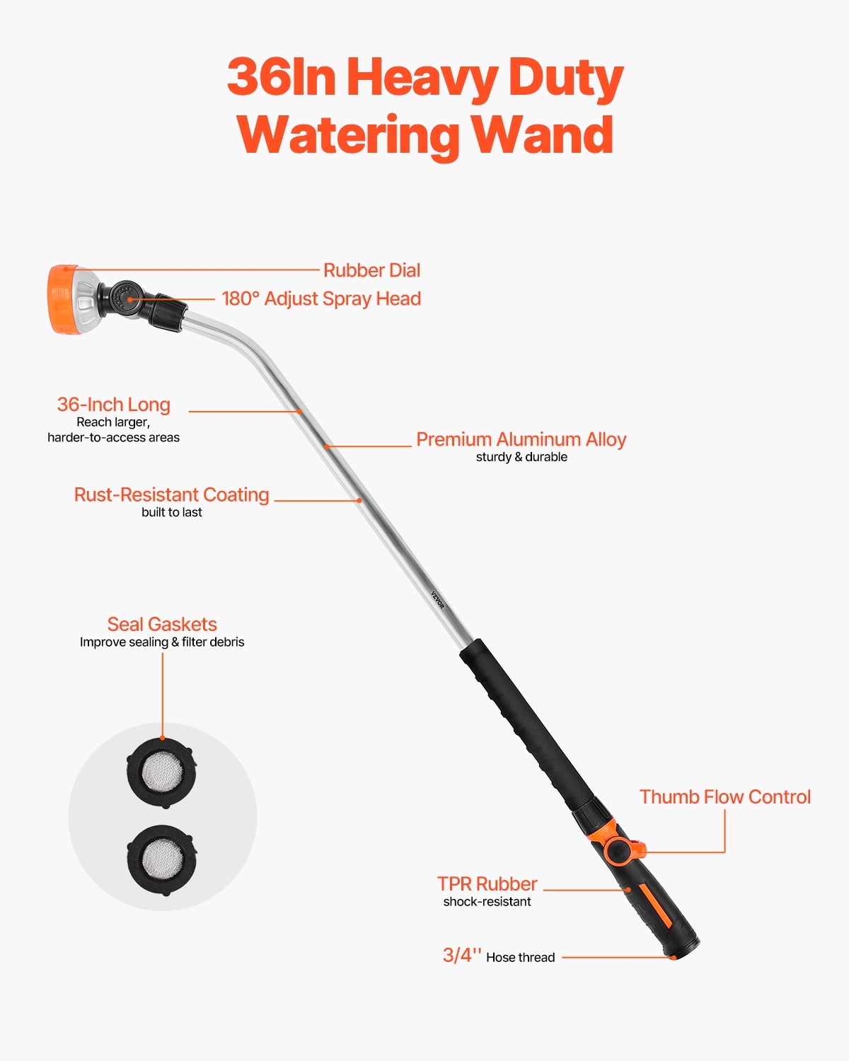 VEVOR Watering Wand, 36-Inch Extra Long Heavy Duty Garden Hose Wand with 8 Spray Patterns & 180° Swivel Head, Long Hose Nozzle Sprayer with on/off Thumb Control, for Hanging Baskets, Shrubs, Lawn