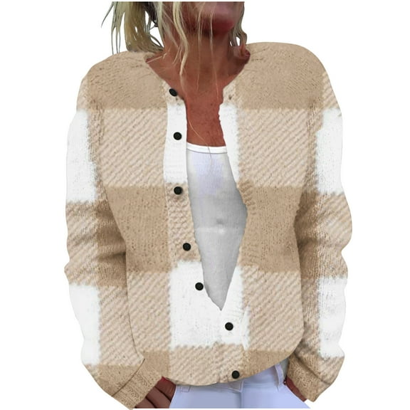 Kaemgyyd Plus Size Cardigan Sweater for Women Fall Long Sleeve Open Front Knit Sweaters Trendy Plaid Loose Outwear Coat