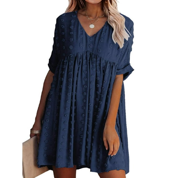 Grianlook Summer Swiss Dot Dresses for Women Short Sleeve V Neck Flowy Dress Casual Loose Shift Mini Dress