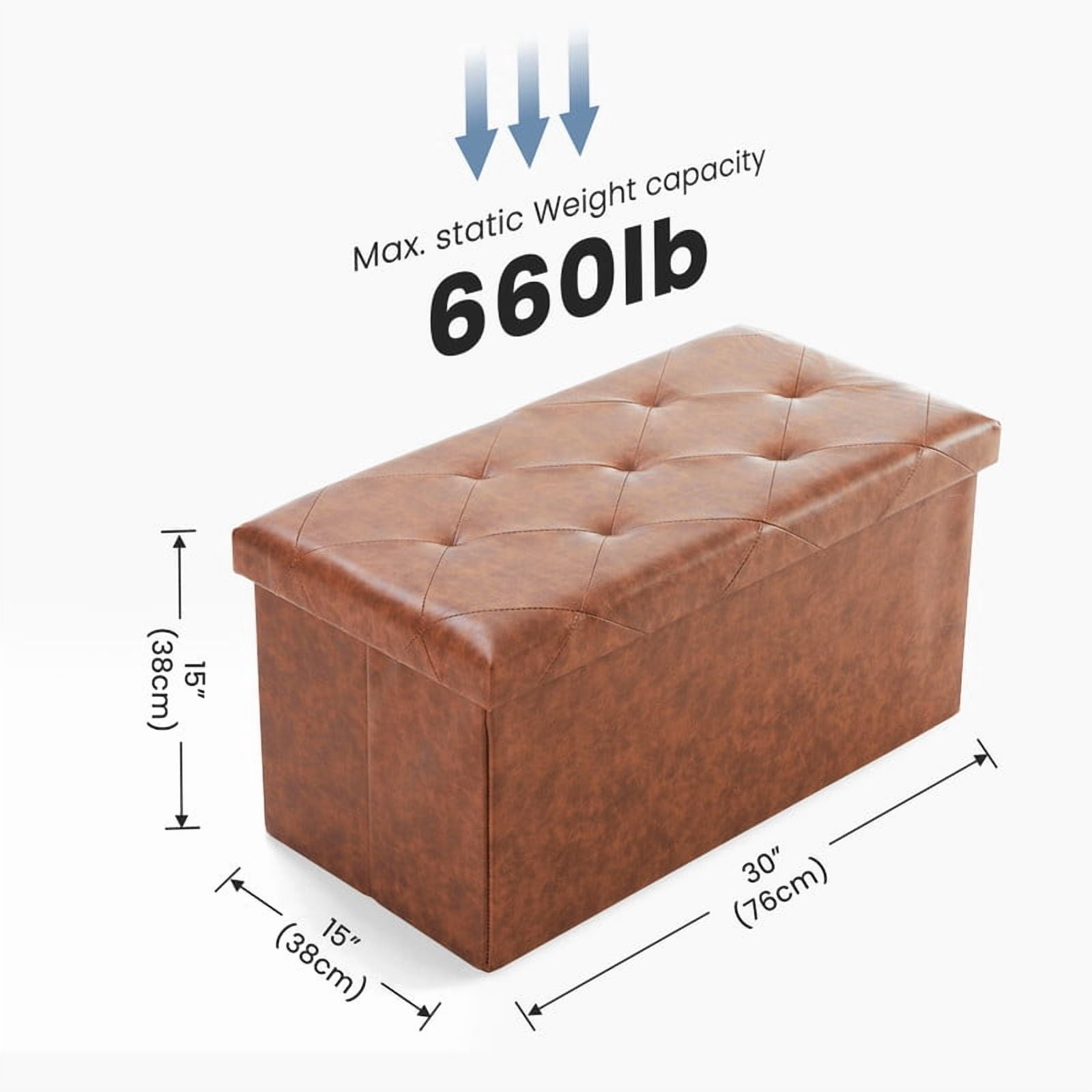 Gianna 30 Inches Folding Ottoman with Storage Bench, Foot Rest Stool, End of Bed Storage Bench Upholstered, Load 660 lbs, for Living Room, Synthetic Leather, Brown