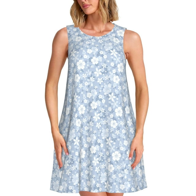 Fotbe Gray White Floral Vestido de Verano sin Mangas para Mujer – Vestido Midi Línea A, Estilo Camiseta Floral, Vestido Playero Casual y Fluido