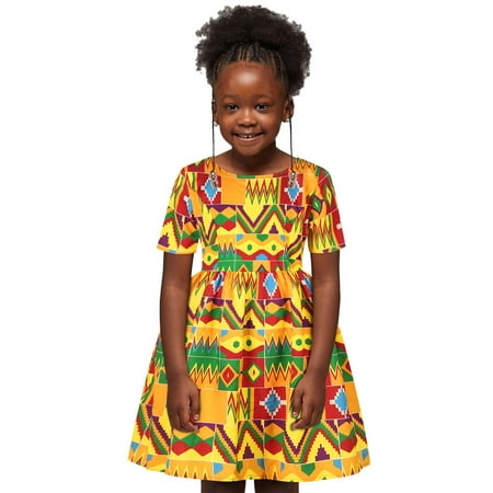 

Hunpta Kids Girls African Dashiki Traditional Style Short Sleeve Round Neck Dress Ankara Princess Dresses Outfits 1-6Y