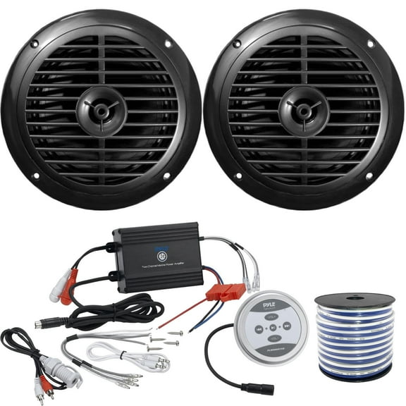 2 x Pyle 6.5'' Dual Cone 120W Full Range Black Stereo Speakers, Pyle Waterproof 600 Watt Bluetooth 2-Channel Boat Yacht Amplifier System, Enrock Marine-Grade Speaker Wire