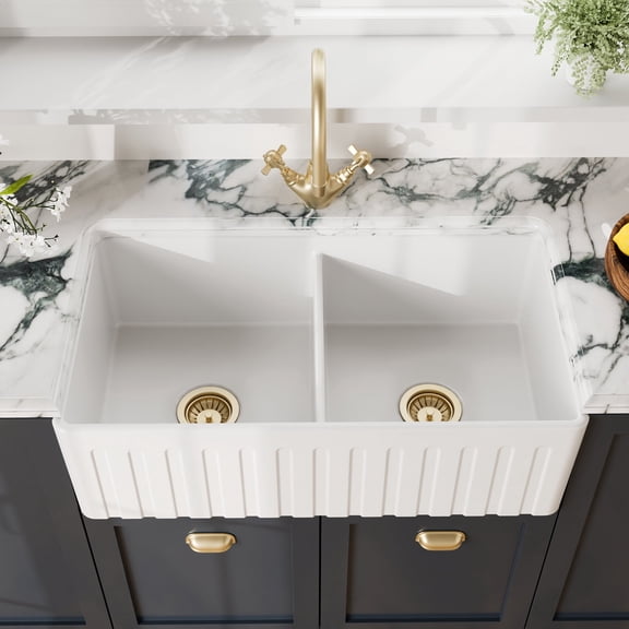 Nuie Kitchen Sink 33" 50/50 Double Bowl Apron Fluted Front, Fireclay Sinks, 33x18x10"