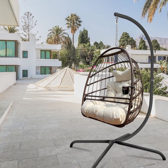 Foldable Swing Egg Chair with Stand Indoor Outdoor Wicker Rattan Patio Basket Hanging Foldable with Cushion Pillow and C Type Bracket for Kids Adult,350lbs Capaticy Beige