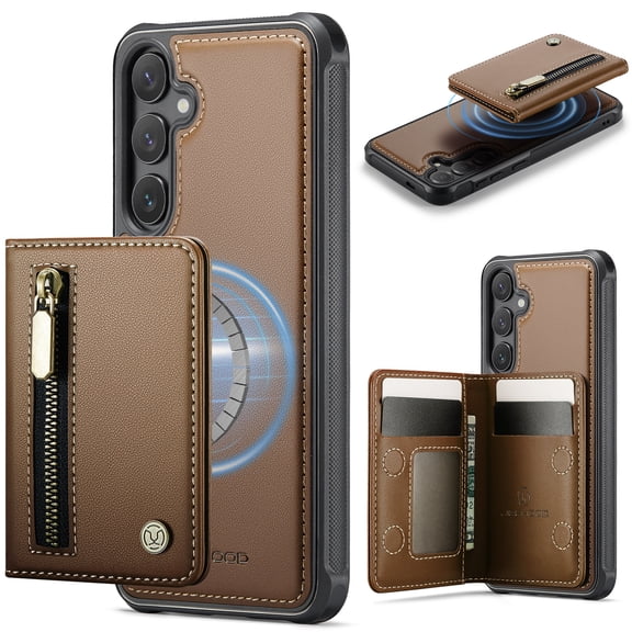 for Samsung Galaxy S26 Plus Rugged Case, 2 in 1 Detachable Magnetic Wallet Zipper with RFID Blocking Credit Card Slots Kickstand Phone Case PU Leather for Women Men, Compatible with MagSafe, Brown