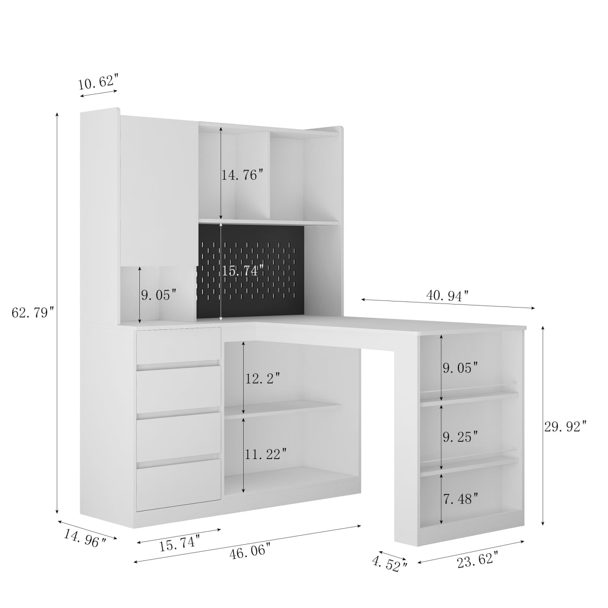 GZXS L-Shaped Computer Desk with Charging Station, LED Light, Pegboard, 4 Drawers & Open Shelves - 56" Modern Corner Desk for Home Office, Study, Work, White