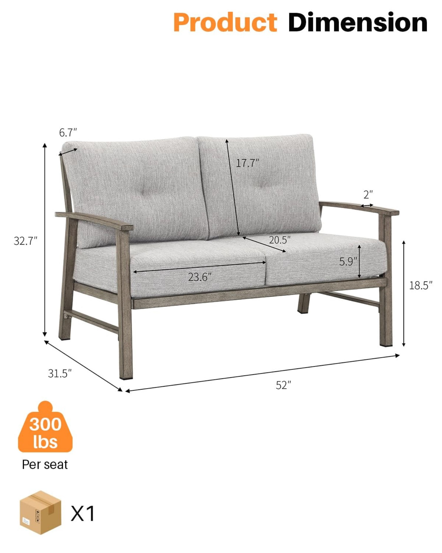 Patio Furniture Loveseat Sofa, Outdoor Aluminum Patio Couch with 5.9" Thick Cushions, All Weather 2-Seat Outdoor Conversation Sofa, Modern Patio Loveseat for Garden, Backyard, Porch, Dark Gray