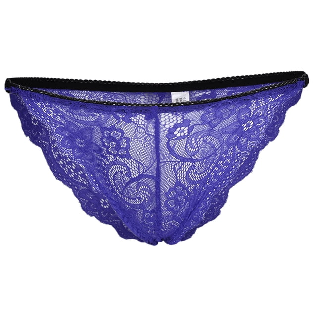 bikini de encaje para mujer bragas lencería hipster briefs ropa interior m azul frontal centrado de braga hipster azul con encaje floral translúcido, cintura elástica negra estrecha y costura central; especificaciones indican forro de algodón y material 87% nylon 13% spandex; adecuado para uso diario o ocasiones especiales.
