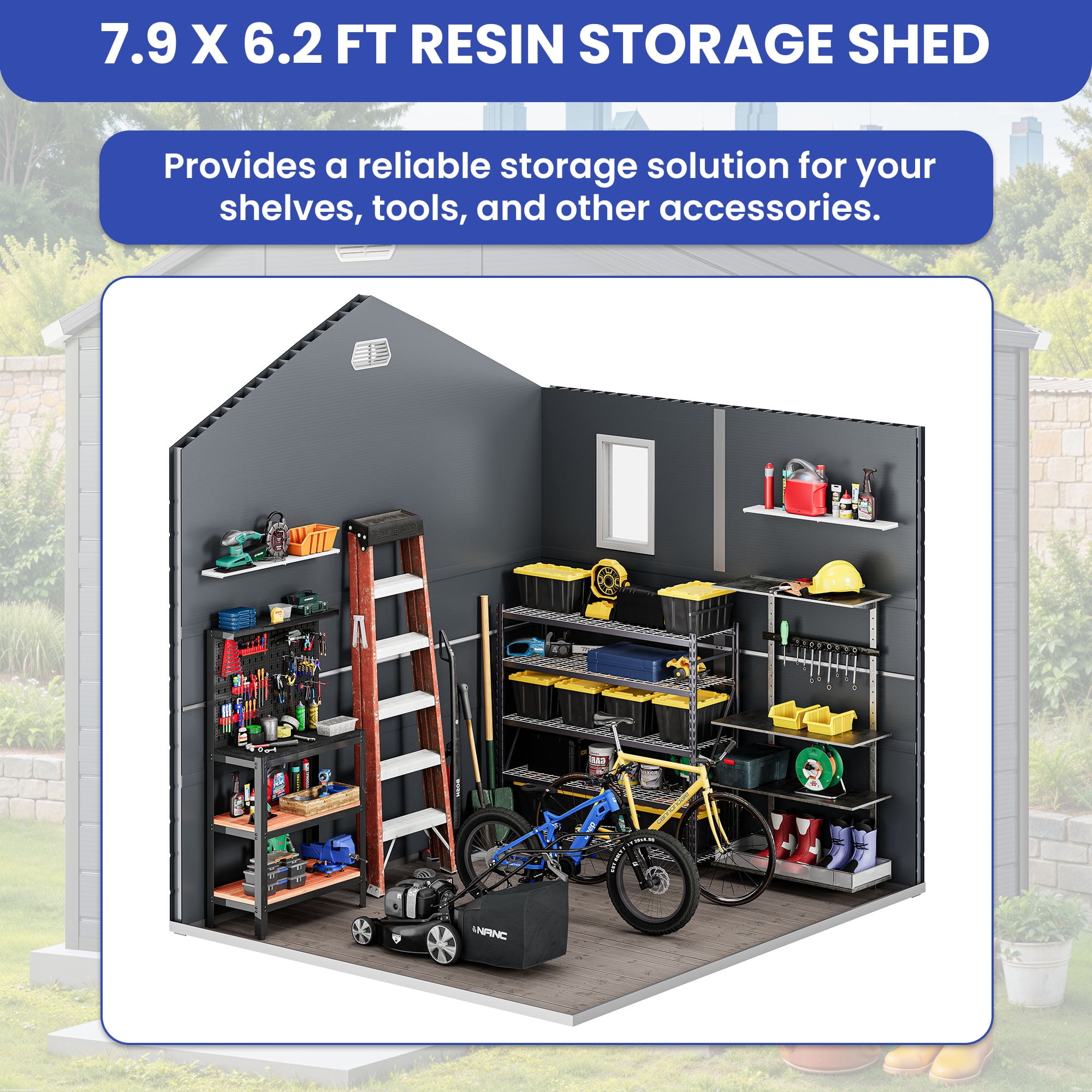 Uforic Resin Outdoor Storage Shed,7.87x6.2ft All-Weather Plastic Tool Shed with Reinforced Floor,Lockable Doors,Windows & Vents,for Backyard,Patio,Poolside,and Lawn