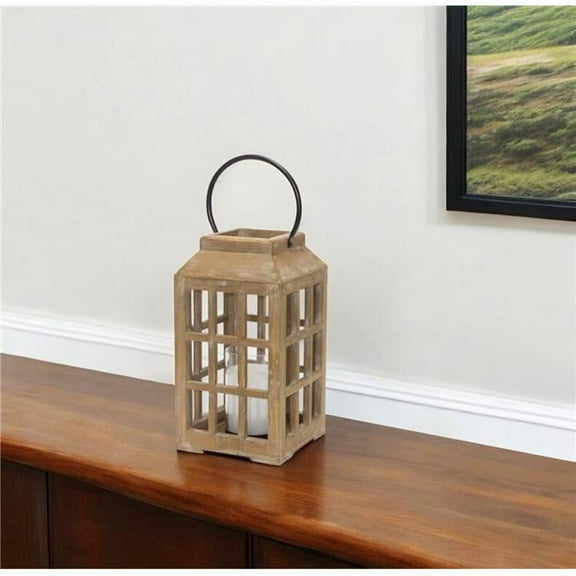 HomeRoots 517623 13 in. Natural Wood & Glass Hurrican Lantern Candle Holder