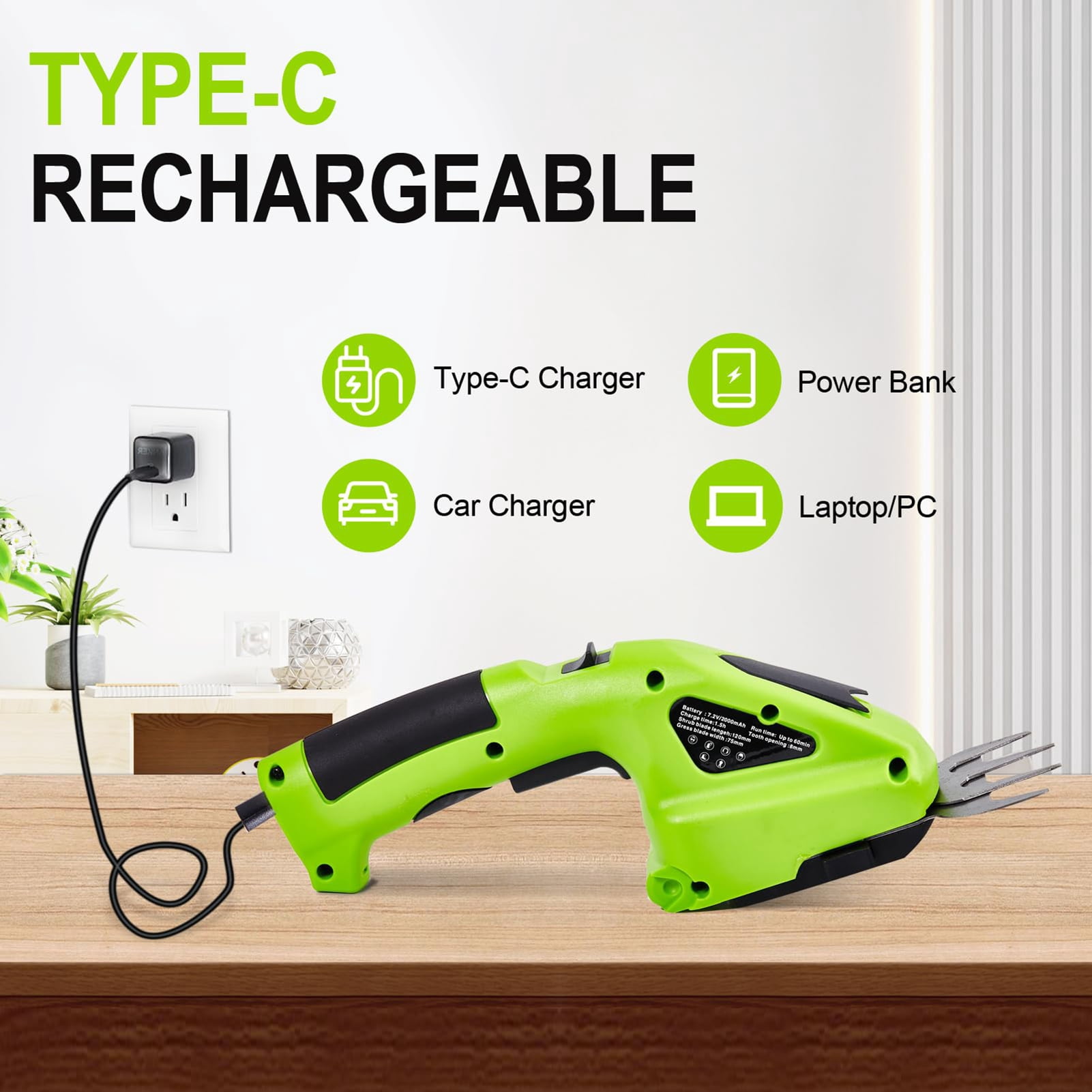 Tnobhg Cordless Grass Shear with Non-Slip Handle Rechargeable Powerful Motor Grass Cutter 2-in-1 Handheld Electric Grass Trimmer Hedge Shear