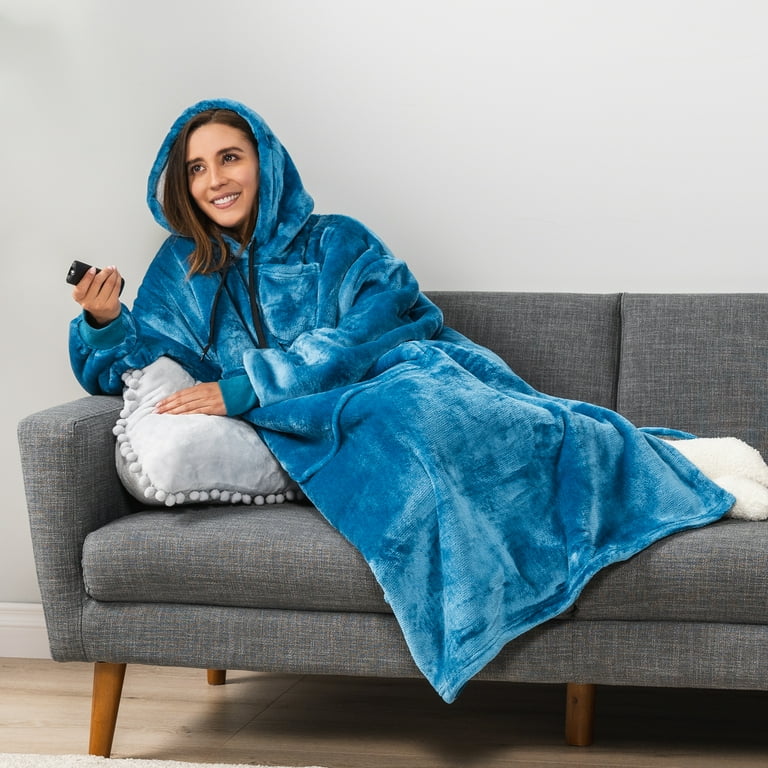 PAVILIA Blanket Hoodie for Women Teal, Sherpa Wearable Blanket Men