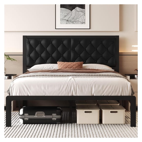 Queen Bed Frame with Headboard PU Leather Upholstered Bed Frame Platform,All Metal Slats Support Platform Bed Frame with Storage Space,Easy Assembly,Noise Free,No Box Spring Needed,Black