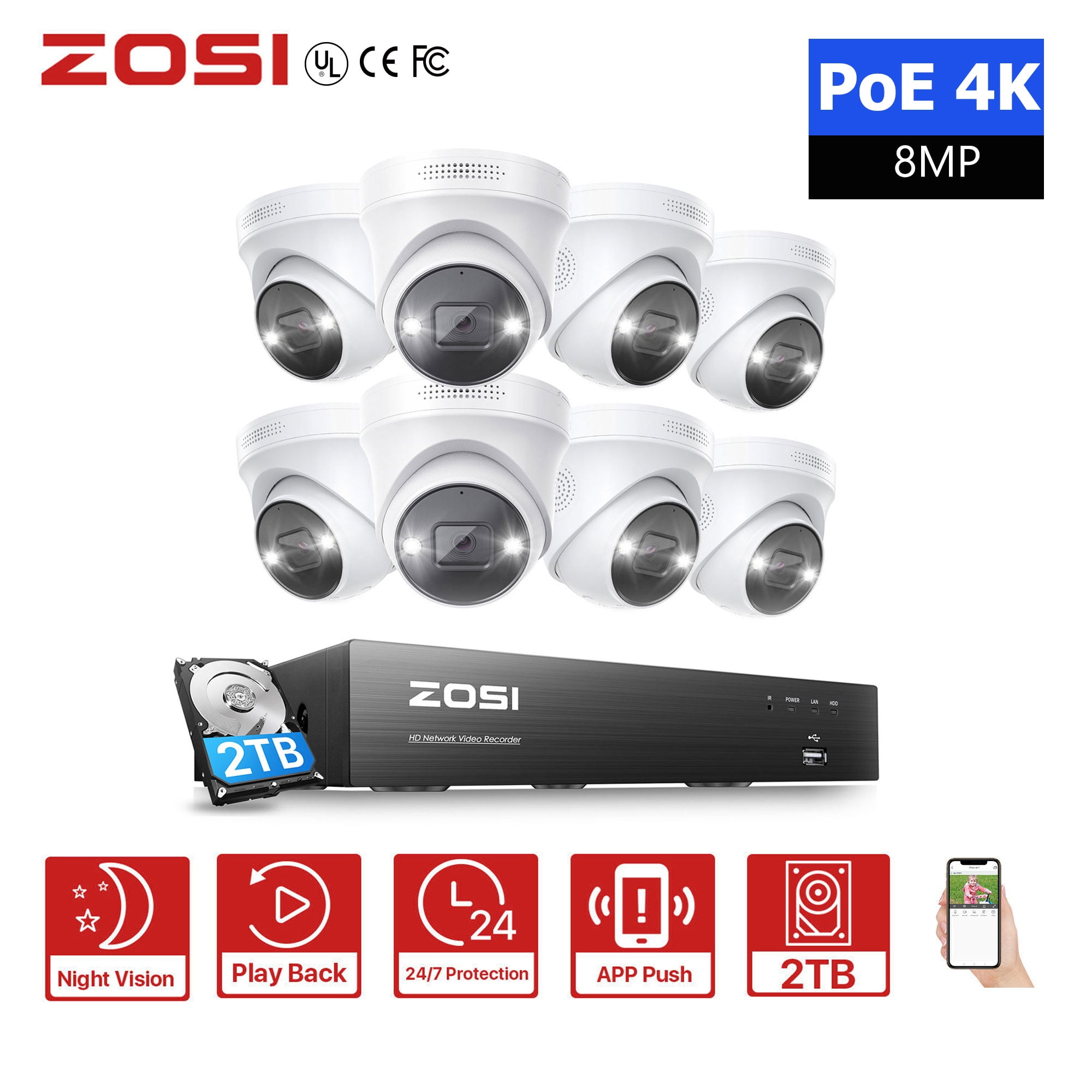 ZOSI 8CH 4K Home PoE Security Camera System Spotlight with 2TB HDD,8x