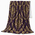 thumbnail image 2 of Gold Damask Medallions on Purple Field, Elegant Vintage Style for Pattern Lovers, Ornate Floral Scroll Pattern and Housewarming Gift, Cozy Flannel Blanket for Bedroom and Guest Room, Home Decor, 2 of 9