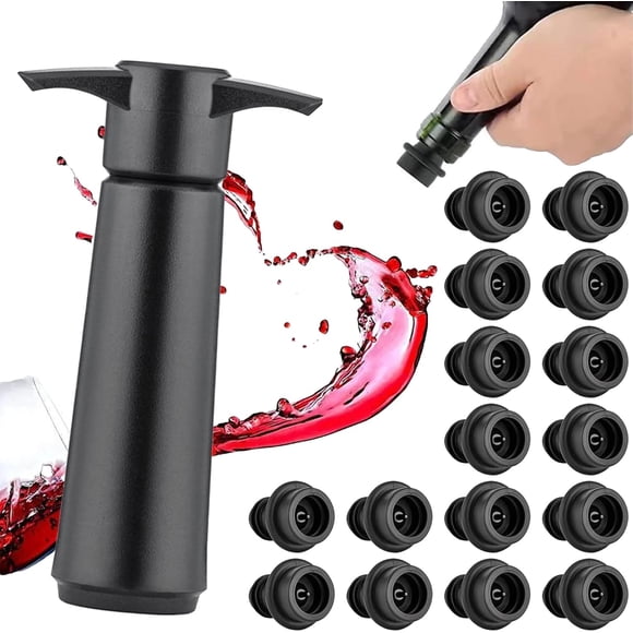 Benustra Wine Saver Vacuum Pump with 16 stoppers,Reusable Silicone Wine Stopper,Wine Bottle Stopper for Keeping Wine Fresh,Suitable for All Standard Red & White Wine Bottles,Black