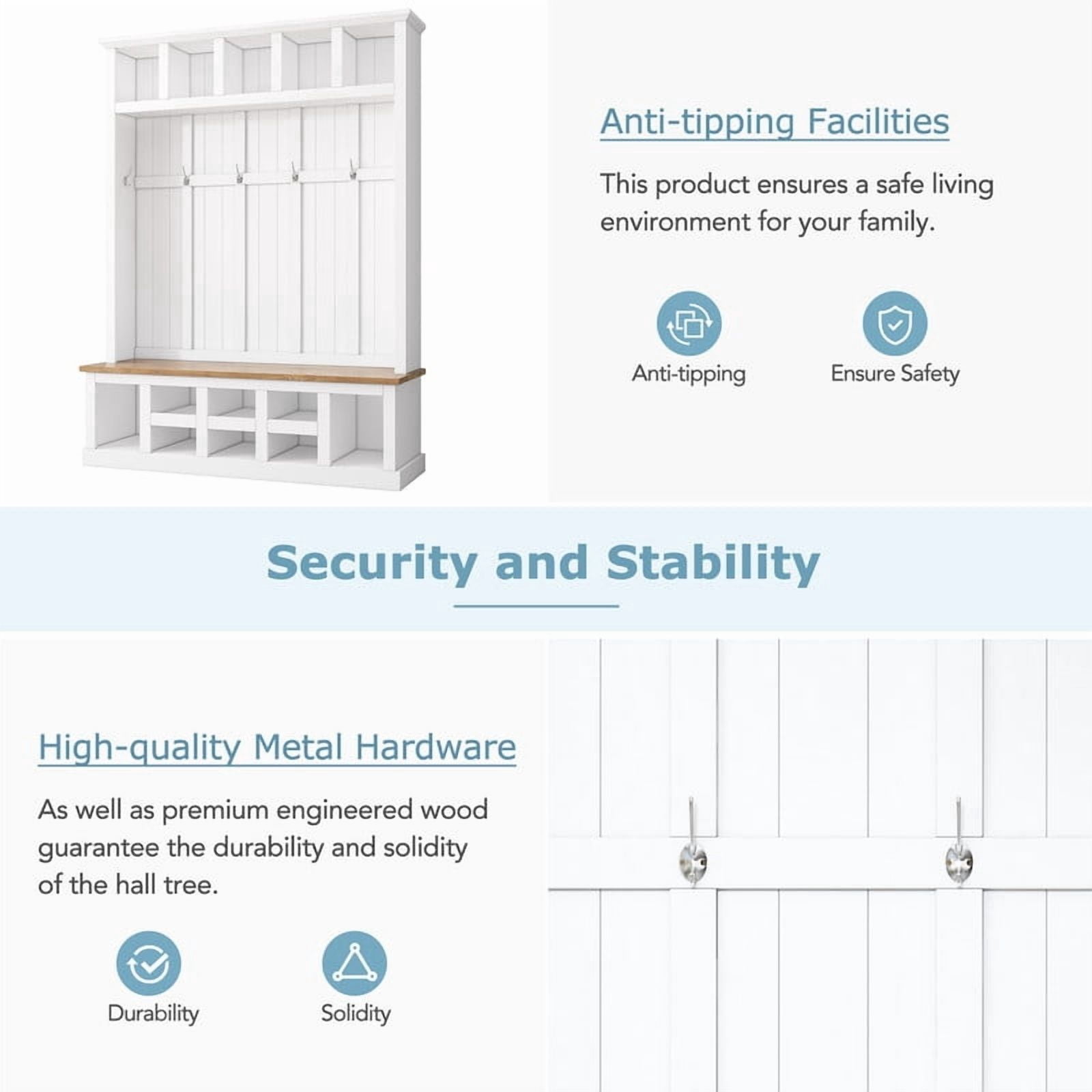 Farmhouse Hall Tree with Shoe Storage Bench and 13 Compartments, Entryway Coat Rack with 6 Hooks, Elegant Shoe Cabinet for Mudroom, Living room