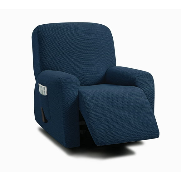 ULTICOR 4-Piece, 1 Seat Recliner Cover, Jacquared Stretch Reclining Chair Covers for 1 Cushion Reclining Sofa, Single Seat Recliner Couch Cover, Soft, Machine Washable (Style 3) (Navy)