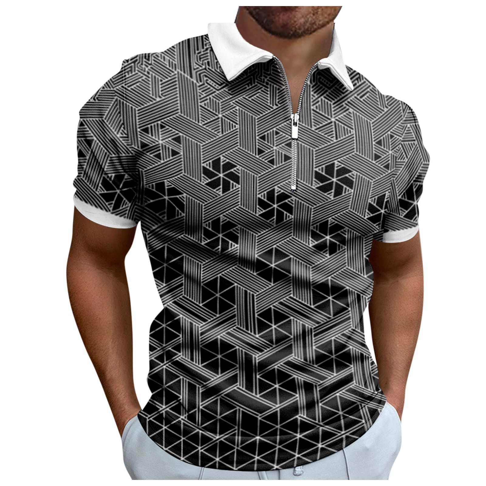 Corashan Mens Crop Tops Work Clothes Creative Stripe 3D Printing Men's  Short-Sleeved Zip Shirt Polo Shirts for Men