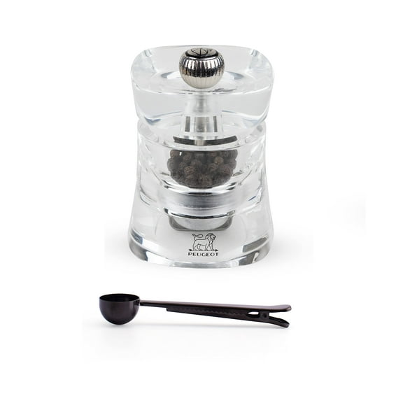 Peugeot Baltic Pepper Mill Gift Set, Acrylic 3 Inch - With Stainless Steel Spice Scoop/Bag Clip