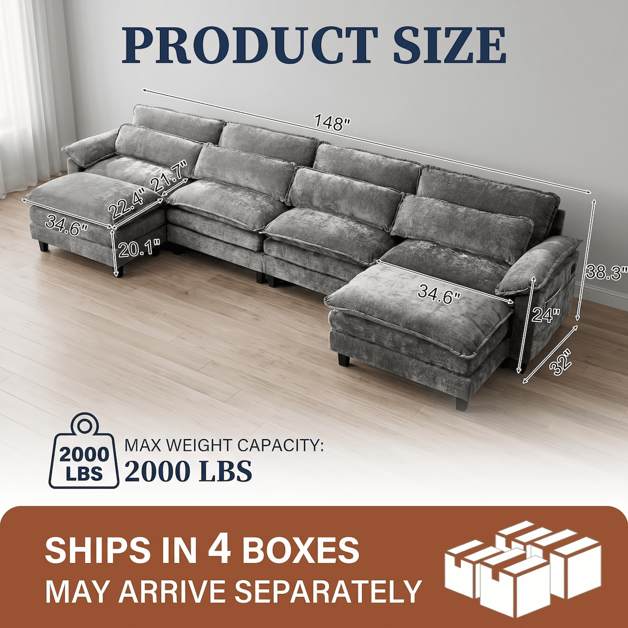 148" Convertible Cloud Sectional Sofa, Modern Chenille L Shaped Couch with Reversible Chaise, Deep Seat 6 Seat Sectional Sofa with Pillows, Comfy Upholstered Couch for Living Room Apartment (Grey)