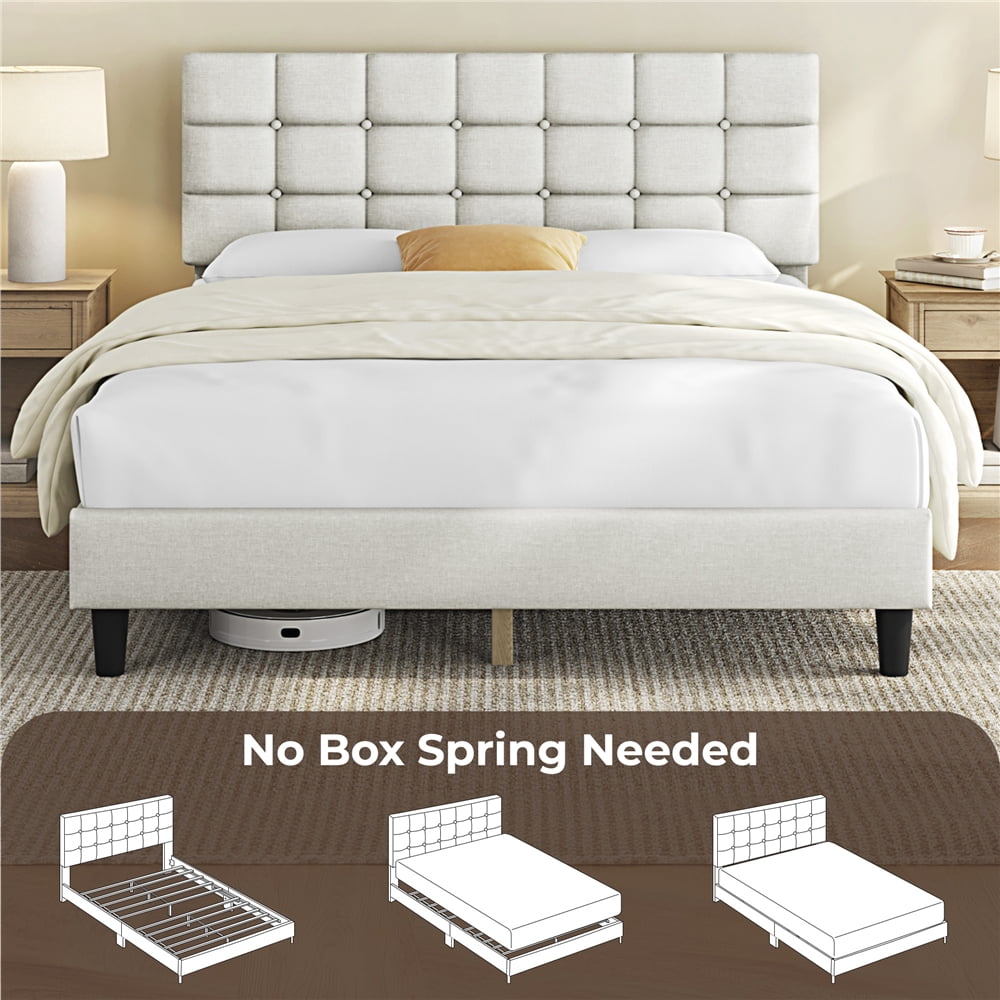 Yaheetech Upholstered Platform Bed with Square Tufted Headboard, Queen, Beige