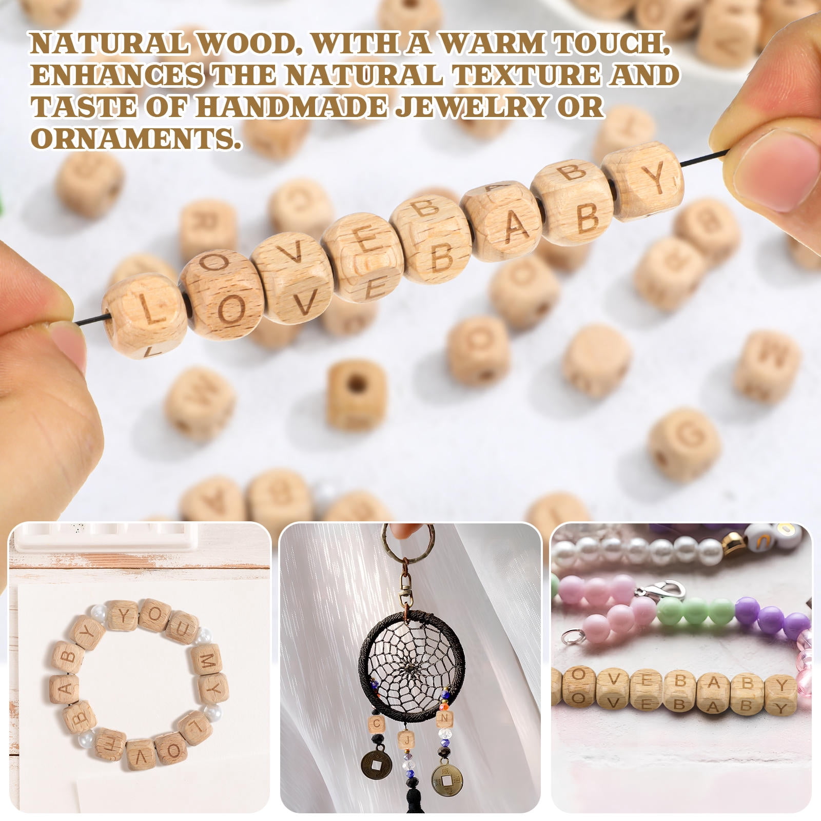 HOOWIFFY 260-Piece Natural Beech Wood Alphabet Beads Set for Jewelry Making, Crafting, Accessories and Projects
