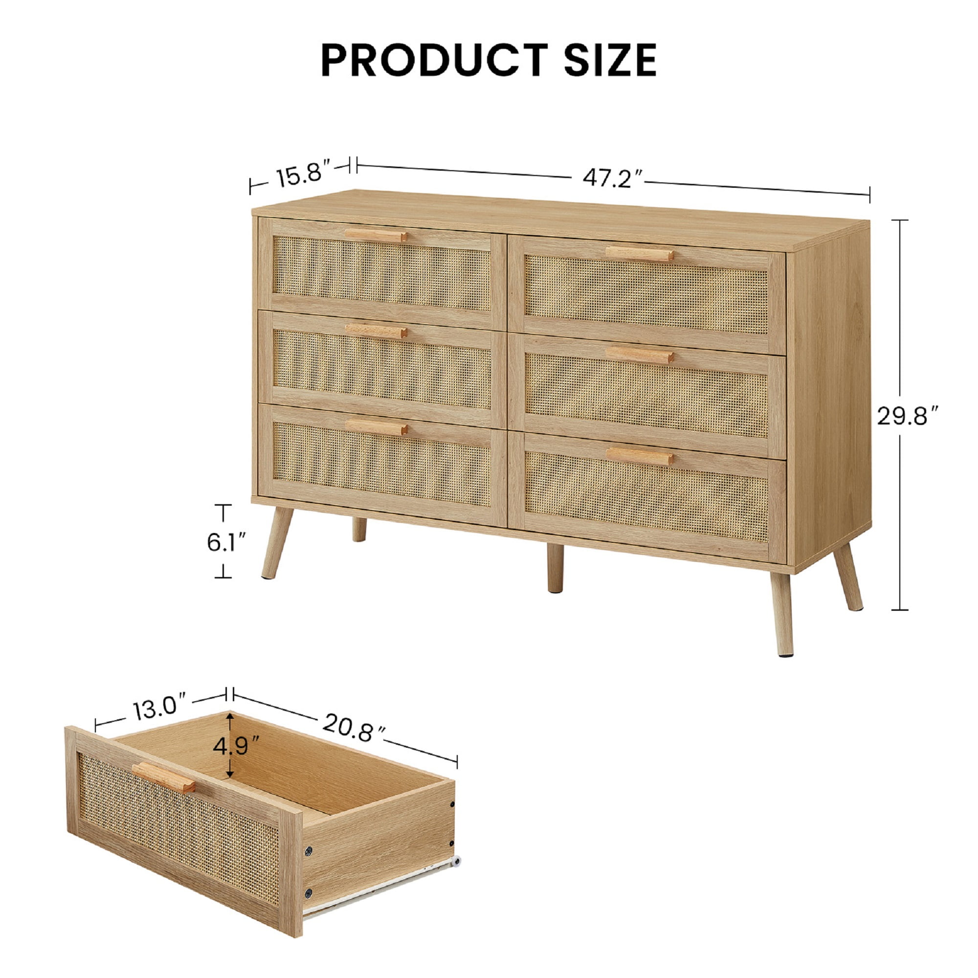Lunale 47.2" Bedroom Dresser, 6 Double Dressers with rattan drawers, Wooden Chest of Drawers for Living Room, Nature