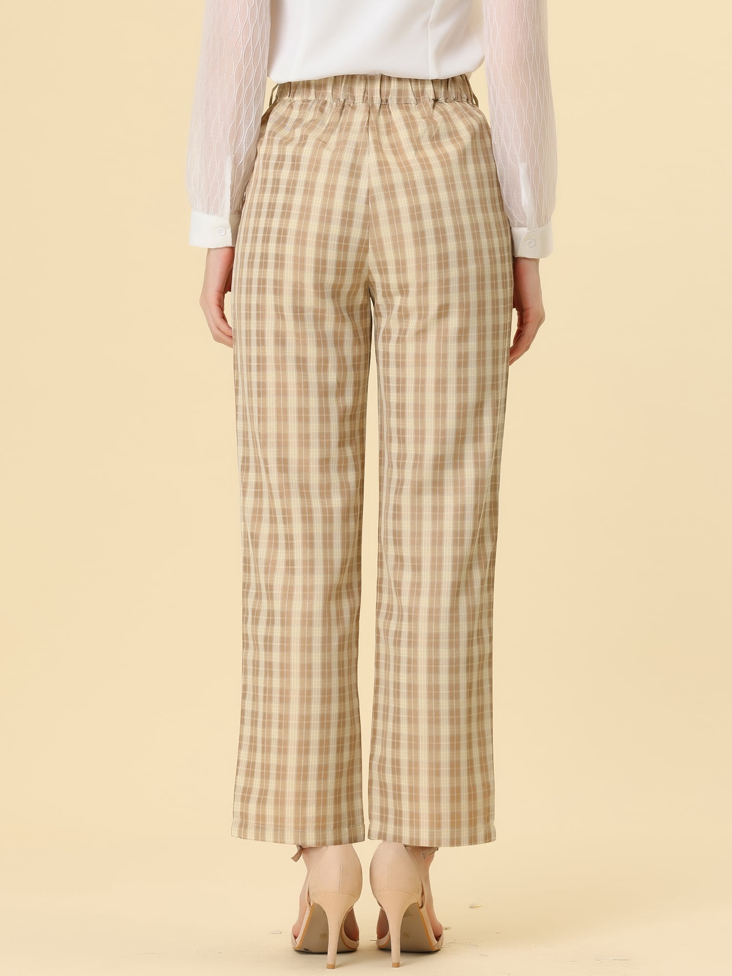 DARING DIVA Women's Plaid Trousers Pockets Straight Leg Casual Pant XS Light Khaki Beige