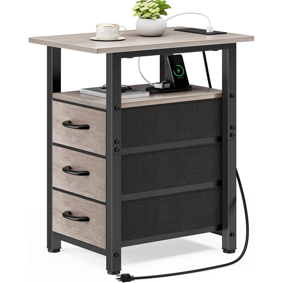 Greige End Table with Charging Station, Narrow Side Table, 25.24'' Tall Narrow Nightstand with 3 Fabric Drawers, Slim Sofa Side Table for Small Spaces, Bedroom