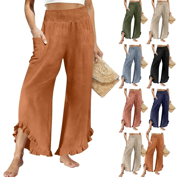 Admvng Womens Linen Pants Ruffle Hem Wide Leg Casual Summer Boho Trousers with Side Pockets