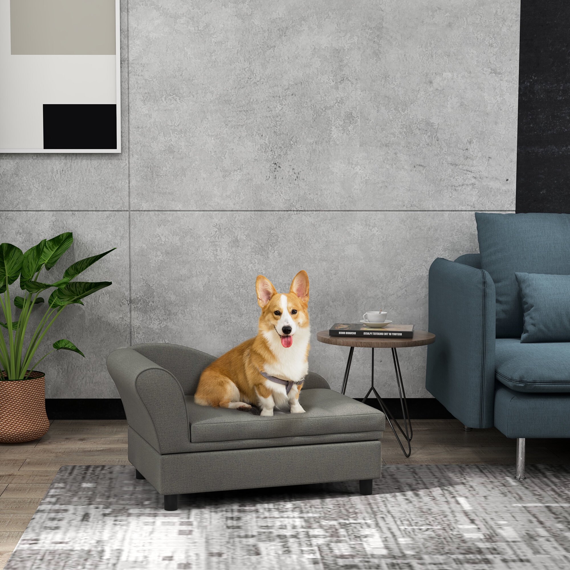 Dog Bed PawHut Pet Sofa, Dog Couch, Elevated Pet Bed for Small and Medium Dogs, with Hidden Storage, Soft Tufted Cushion, Gray,Large Dog Bed