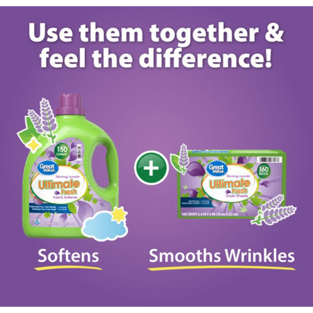 Great Value Ultimate Fresh Dryer Sheets, Blooming Lavender, 240 Count (Packaging May Vary), Compare to Gain®