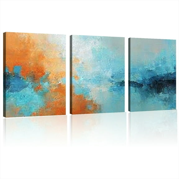 2D Flat,Modern Minimalist Abstract Geometric Wall Canvas Print, Soft Pastel Blue & Orange Horizontal Painting for Bedroom, Living Room, Office Decor, Large Canvas Wall Art 12*16inch*3pcs