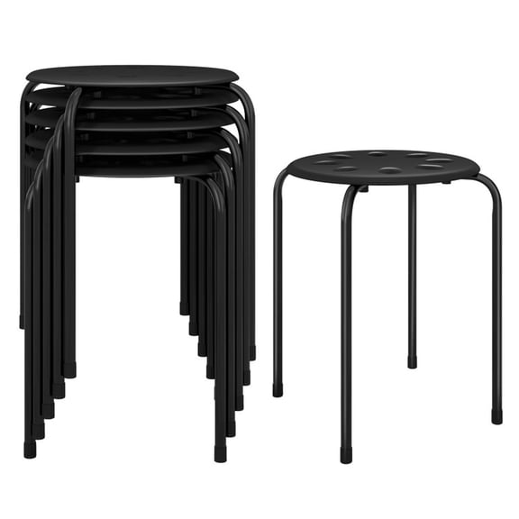 Furnibear Set of 6 Stackable Stools Portable Plastic Kitchen Stool Backless Round Stool with Steel Frame for Dining Room and Home, Black