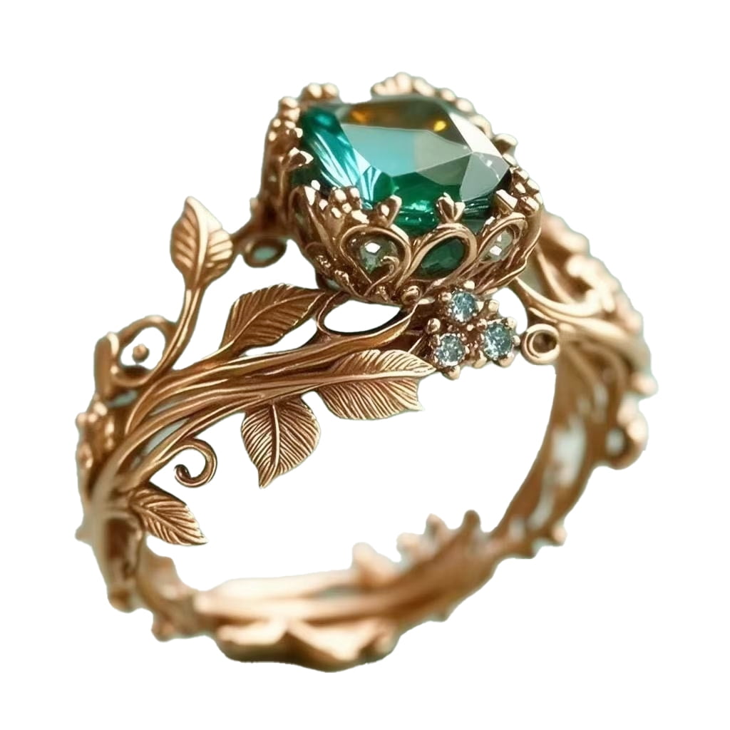 PAMTIER Gothic Vintage Leaf Promise Ring Stainless Steel Botanical Green Gemstone Fairy Tale for Wedding Plated Gold Size 9