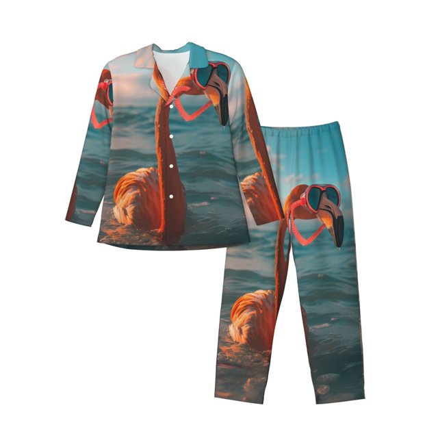 Balery Swimming Goggled Flamingo Pijama para Hombre de Dos Piezas con Manga Larga, Conjunto de Dormir y Descanso Suave con Bolsillos-Large