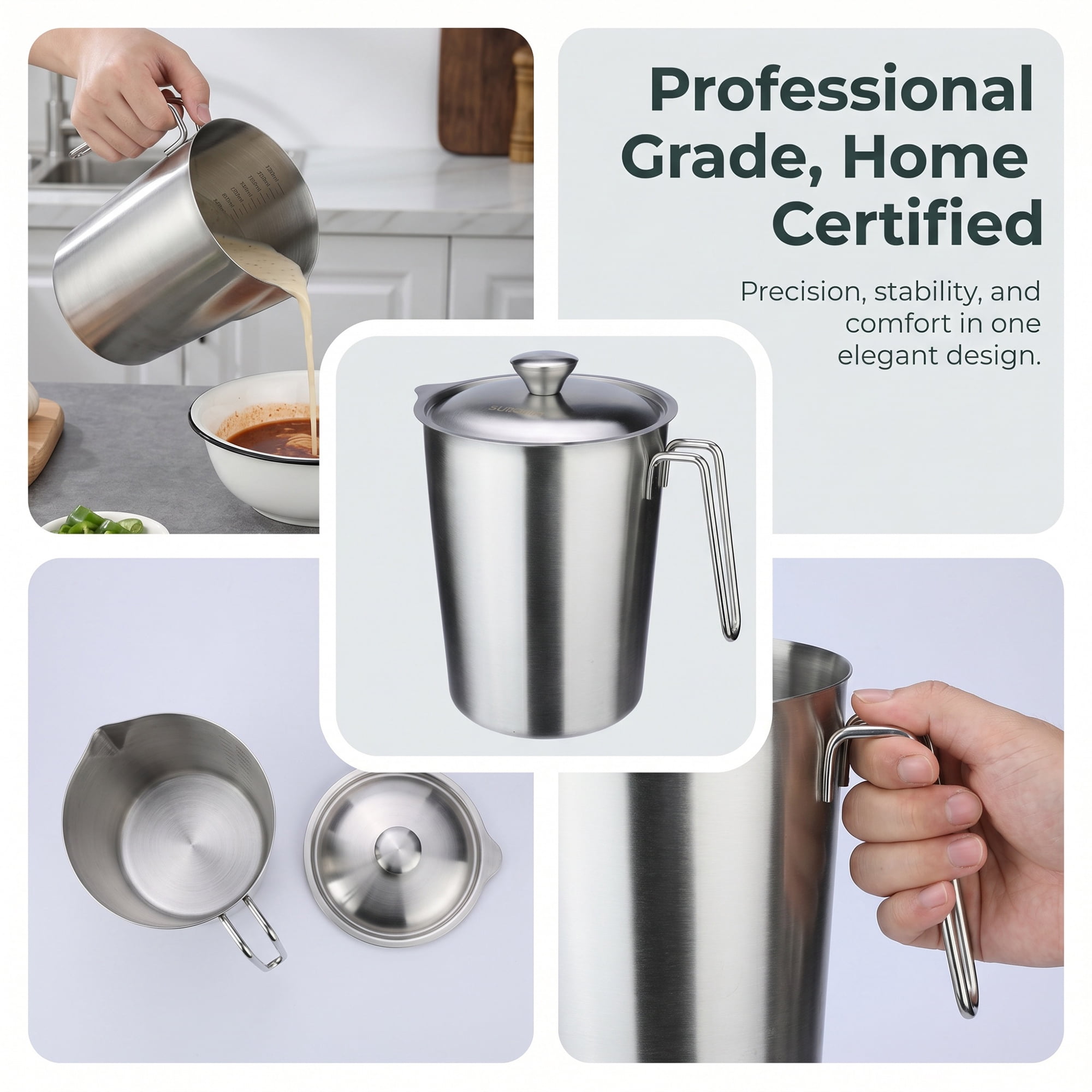Unique Bargains Stainless Steel Measuring Cup for Kitchen Use Silver with Cover 2000ml