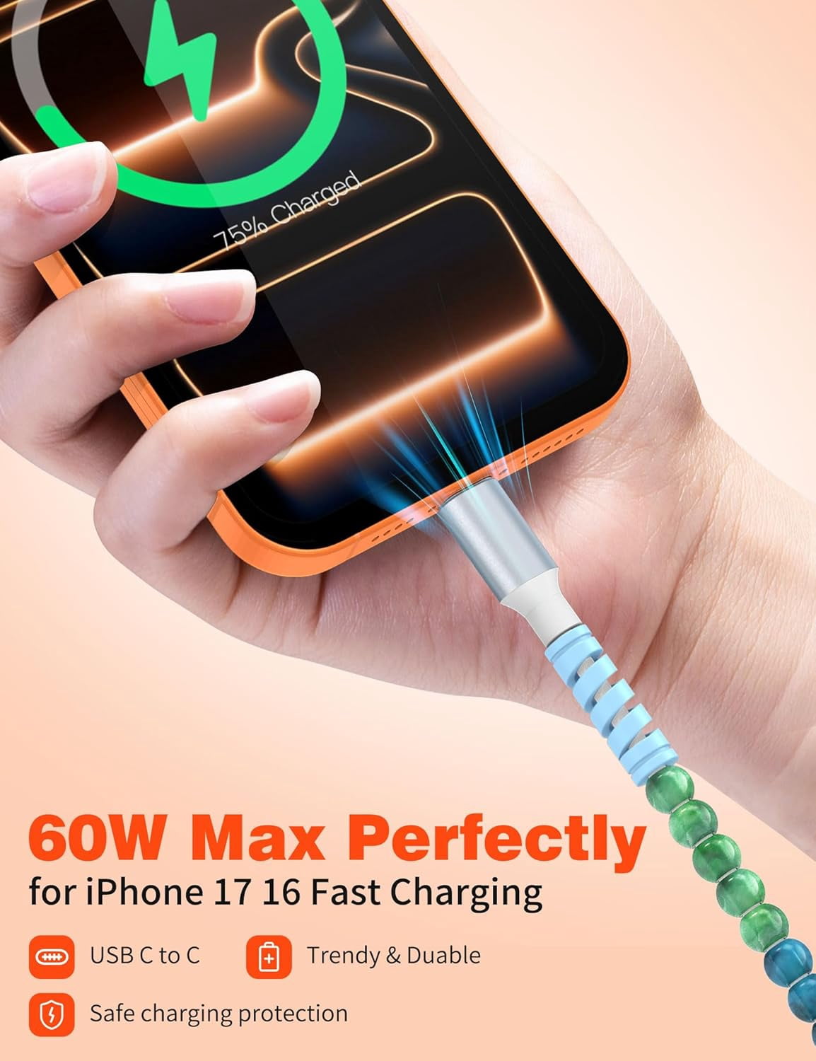 MHAWBL-USB C to USB C Cable 6FT 60W Beaded Phone Fast Charging Cord&Car Charger for iPhone 17 16 15 Pro Max/iPad Pro 10th A16 for Samsung S26 S25 S24 Ultra A17 Android Phone Charger Cute Girl Women,B