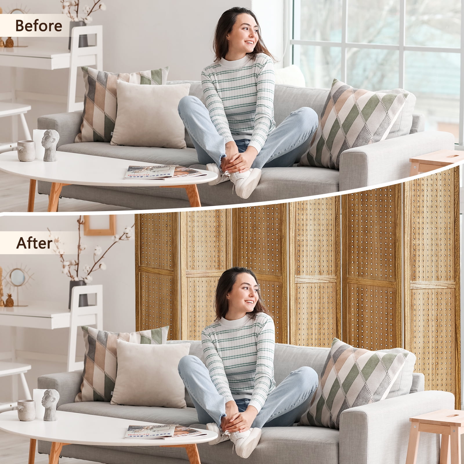 Aletheiawu 6 Panel Display with 24 Hooks, Wood Room Divider Wall, No Installation, Light Brown