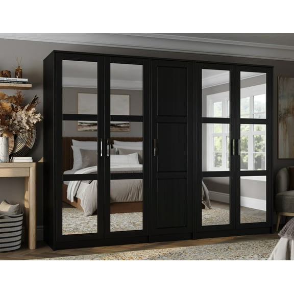 100% Solid Wood Urban 5-Door Wardrobe with Mirrored Door
