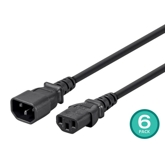 Monoprice Extension Cord - 3 Feet - Black (6 Pack) IEC 60320 C14 to IEC 60320 C13, 16AWG, 13A, SJT, For Powering Computers, Monitors
