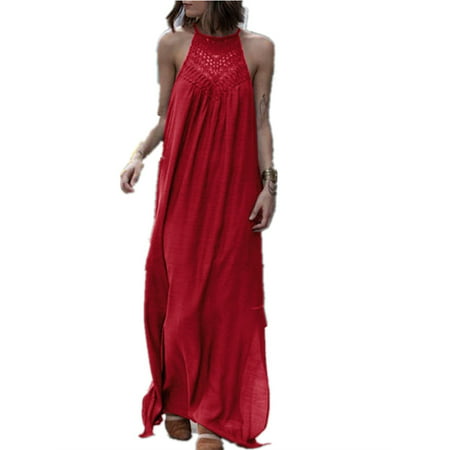 Hollow Out Women Sleeveless Solid Casual Long Dress