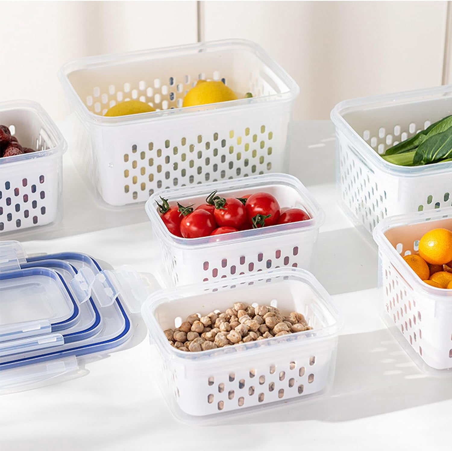 Fruit Storage Containers for Fridge, Household Transparent Food Storage Box-including Drain Basket, 4 in 1 Produce Containers,